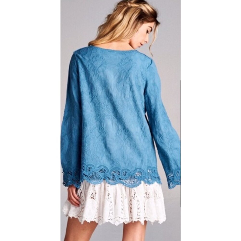 Blue Lace Up Embroidered Crochet Trim Tassel Tunic Top| Coastal Grandma Boho S/M - Picture 12 of 16